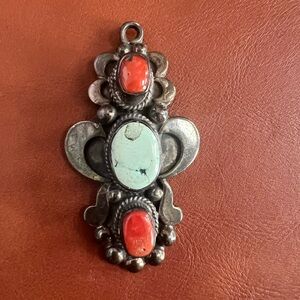 Sterling Silver Pendant with Coral and Turquoise Stones.